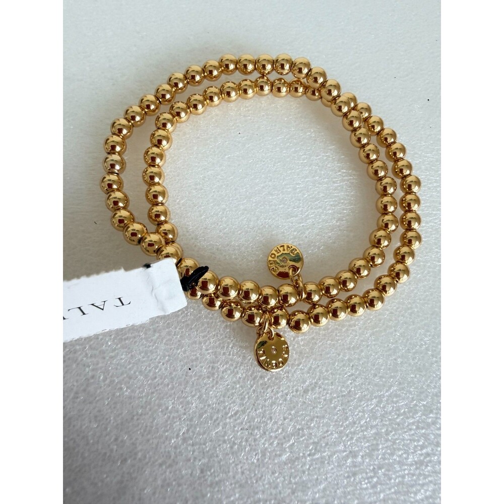 Talbots NWT Gold Tone Bead Stretch Bracelets Set of 2 Logo Charm New with tag